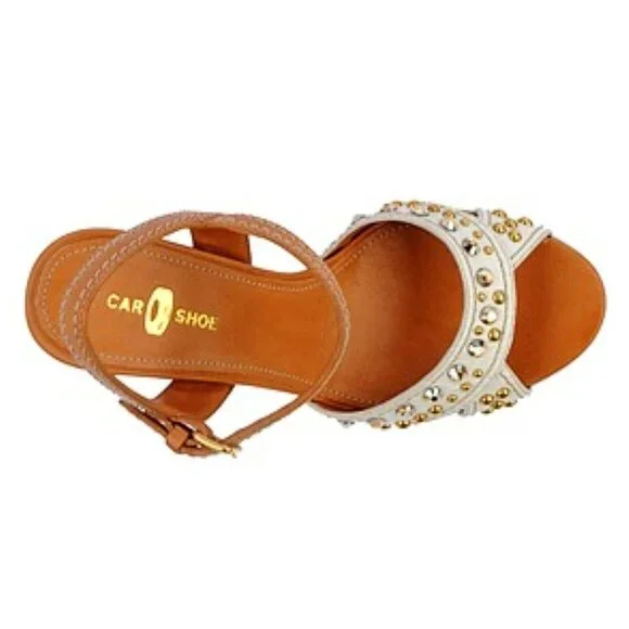 Car Shoe Studded Ankle Strap Block Heel Sandals White/Brown Women's 40/US 10 - Picture 3 of 12